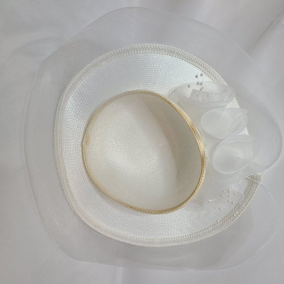 White Large Bow Tulle Wide Brim Hat - Picture 4 of 4